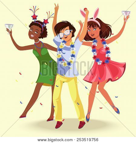 Students Party Poster Cheerful Smiling Boys And Girls In Amusing Costumes Having Shindig Vector Illu