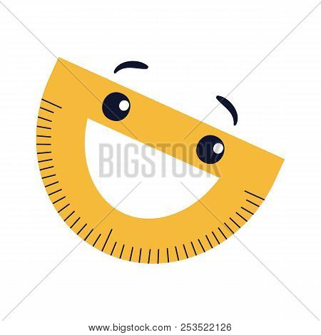 Protractor Flat Icon, Smiling Yellow Cartoon Alidade With Funny Face Vector Illustration.