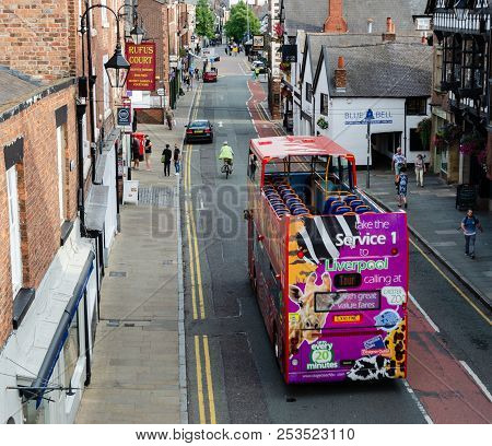 Chester, Uk: Aug 6, 2018: General Scene Of The Main Shopping Streets In Chester With Many Shoppers, 