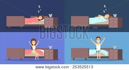 Set Of Woman And Man Sleeping And Waking Up