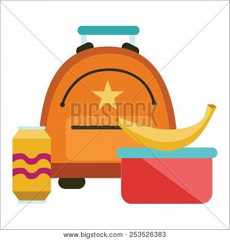 School Lunchtime Poster Schoolbag Lunchbox Banana Schoolbag Lunchbox Banana On It And Can Of Beverag