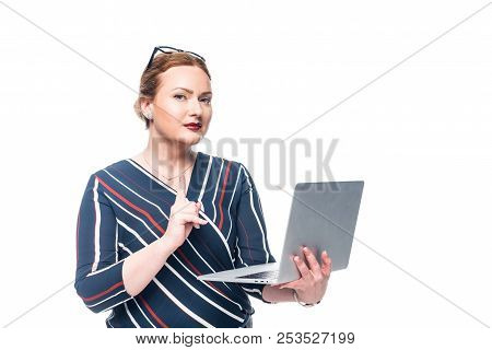 Businesswoman Using Laptop And Doing Idea Gesture Isolated On White Background