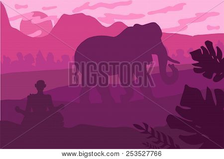 Indian Landscape With Elephant And Yog. Tropical Wildlife Panorama. Natural Scene. Pink Sunset. Vect