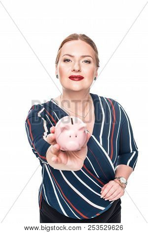Happy Female Accountant Giving Pink Piggy Bank Isolated On White Background