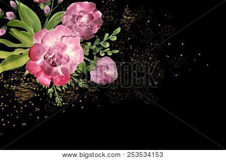 Flowers In Composition, Top View, Onblack Background. Roses Peonies