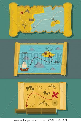 Map Of Treasure Old Pirate Banner Horizontal Concept Set. Flat Illustration Of 3 Map Of Treasure Old