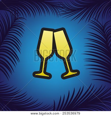 Sparkling Champagne Glasses. Vector. Golden Icon With Black Cont