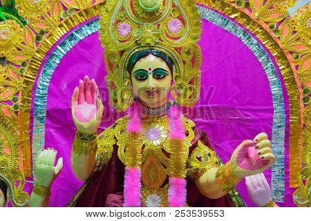 Colorful Chhau (or Chhou) Mask For Goddess Laxmi , Handicrafts On Display For Sale - At Charida, Pur
