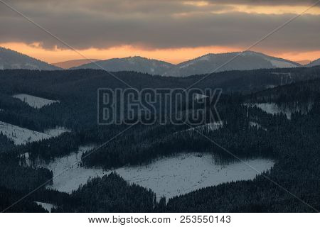 Winter Landscape Of A Mountain Range In Winter. Sunset In The Mountains. Winter Vaction In The Mount