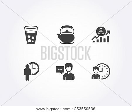 Set Of Waiting, Career Ladder And Teapot Icons. Person Talk, Ice Tea And Working Hours Signs. Servic
