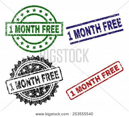 1 Month Free Seal Prints With Distress Style. Black, Green, Red, Blue Vector Rubber Prints Of 1 Mont