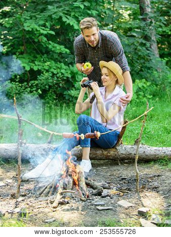 Observing Nature Concept. Couple Ornithologists Expedition In Forest. Couple Enjoy Hike In Forest Ob