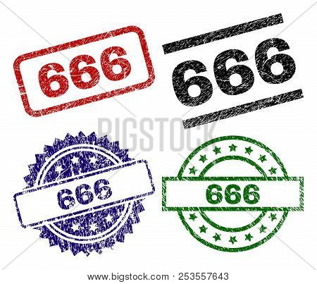 666 Seal Prints With Damaged Texture. Black, Green, Red, Blue Vector Rubber Prints Of 666 Tag With G