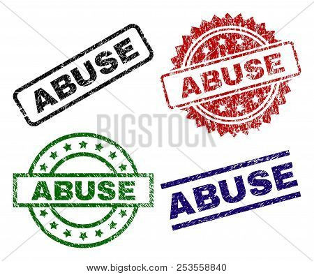 Abuse Seal Prints With Damaged Surface. Black, Green, Red, Blue Vector Rubber Prints Of Abuse Title 