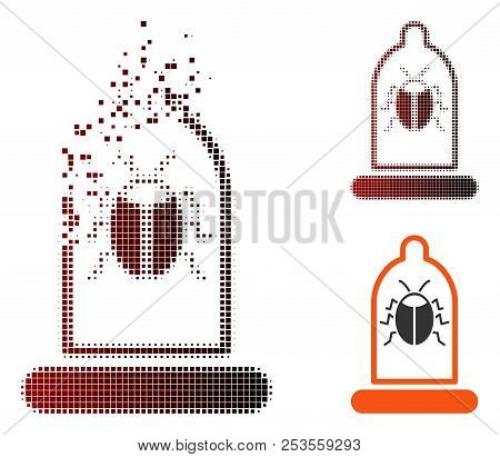 Vector Debugger Condom Icon In Fractured, Pixelated Halftone And Undamaged Entire Variants. Disinteg