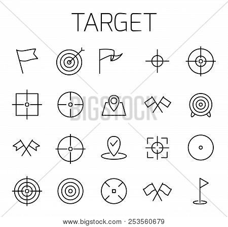 Target Related Vector Icon Set. Well-crafted Sign In Thin Line Style With Editable Stroke. Vector Sy