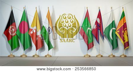 SAARC. Flags of memebers of South Asian Association for Regional Cooperation and symbol. 3d illustration
