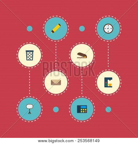 Set Of Workspace Icons Flat Style Symbols With Telephone, Coffee Maker, Whiteboard And Other Icons F