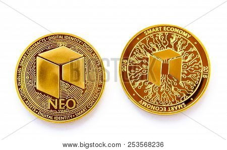 On A White Background Is Isolated The Front And Back Side Of Gold Coin Of A Digital Crypto  Currency