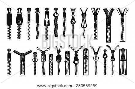 Zipper Puller Lock Icons Set. Simple Illustration Of 32 Zipper Puller Button Lock Icons For Web