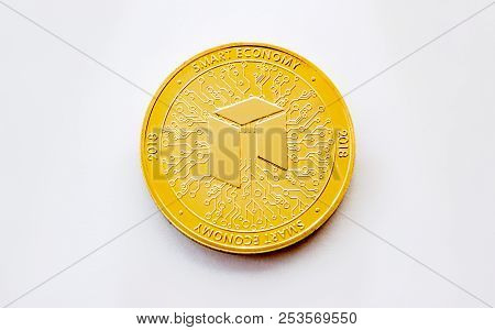 On A White Background Is Isolated Gold Coin Of A Digital Crypto  Currency - Neo With Free Space For 