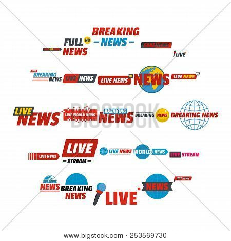 News Live Breaking Label Icons Set. Flat Illustration Of 25 News Live Breaking Label Icons For Web