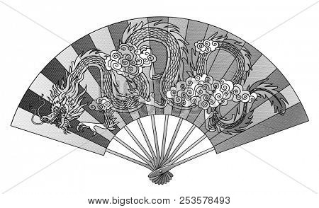Chinese fan with decorative gragon isolated on white. Vintage engraving stylized drawing