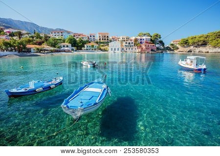 Assos On The Island Of Kefalonia In Greece. Beautiful Bay With Boats