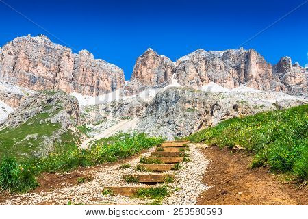 Panorama Of Sella Mountain Range From Sella Pass, Dolomites, Italy