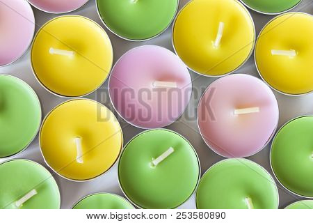 Decorative Colored Tea Candles, Various Colors, Top View.