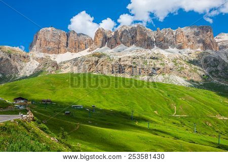 Panorama Of Sella Mountain Range From Sella Pass, Dolomites, Italy