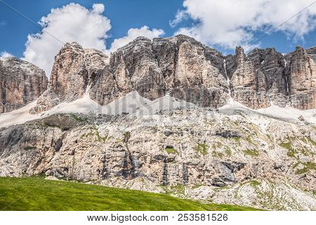 Panorama Of Sella Mountain Range From Sella Pass, Dolomites, Italy