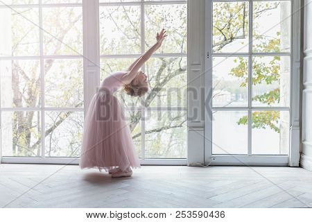 Young Classical Ballet Dancer Girl In Dance Class. Beautiful Graceful Ballerine Practice Ballet Posi