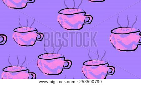 Texture Seamless Pattern Of Ultra-violet Cups Of Mugs With A Handle Of Hot Delicious Invigorating Bl