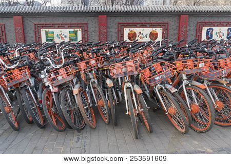 Beijing, China - Mar 22, 2018: View Of Rental Bikes In Beijing. The City Has An Extenisve Bike Renta