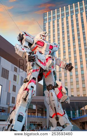 Tokyo, Japan - April 20 2018: Full-size Mobile Suit  Rx-0 Unicorn Gundam Replica From The Mobile Sui