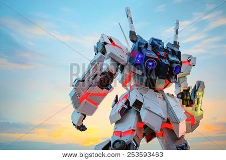 Tokyo, Japan - April 20 2018: Full-size Mobile Suit  Rx-0 Unicorn Gundam Replica From The Mobile Sui