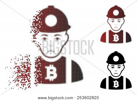 Sad Bitcoin Miner Icon In Dispersed, Dotted Halftone And Undamaged Whole Versions. Points Are Compos