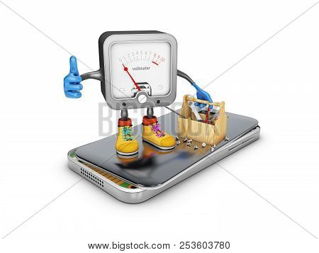Voltmeter With Tools On The Broken Phone Isolated On White Background. 3d Illustration