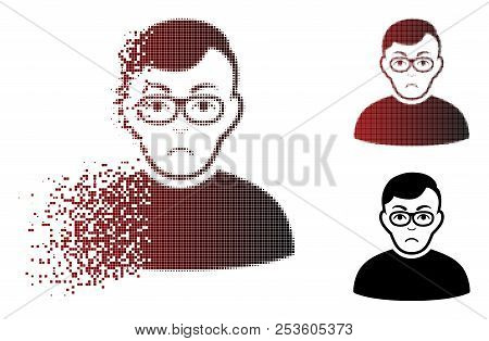 Sad Downer Icon In Fractured, Pixelated Halftone And Undamaged Whole Variants. Points Are Arranged I