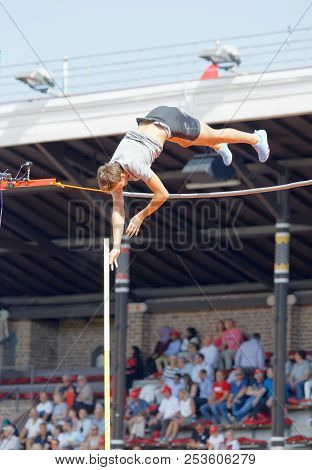 Stockholm, Sweden - Jun 10, 2018: Armand Duplantis Jumping In The Pole Vault Competition In Iaaf Dia