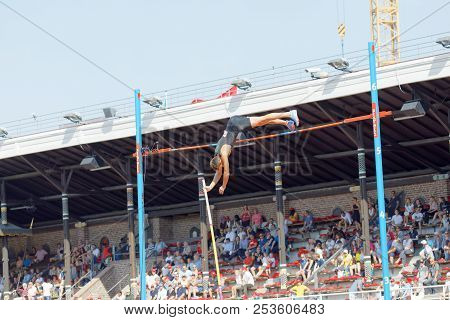 Stockholm, Sweden - Jun 10, 2018: Armand Duplantis Jumping In The Pole Vault Competition In Iaaf Dia