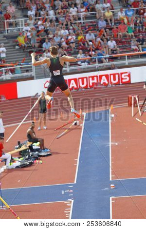 Stockholm, Sweden - Jun 10, 2018: Armand Duplantis Jumping In The Pole Vault Competition In Iaaf Dia
