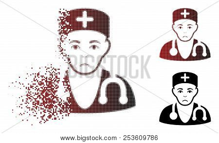 Unhappy Physician Icon In Sparkle, Pixelated Halftone And Undamaged Whole Versions. Fragments Are Co