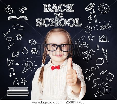 Little School Girl On Blackboard With School Supplies Pattern. Back To School.