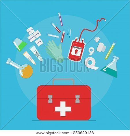 Taking Blood Donation Kit Laboratory Equpment On Light Blue Background Vector Illustration For Web A