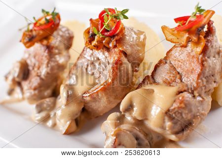 Pork Medallions With Mashed Potato And Mushrooms. Pork Tenderloin On A White Plate, Good Serving. Re