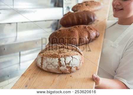 Fresh bread on a board in bakehouse of bakery being held by a female baker
