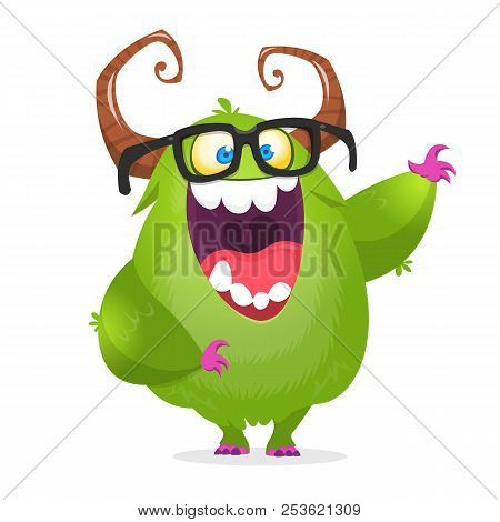 Cartoon Green Monster Nerd Wearing Glasses. Vector Illustration Of Excited Monster Character Waving 