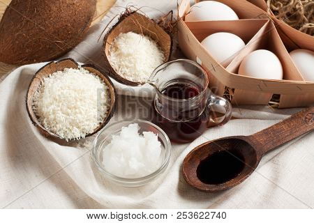 Coconut, Maple Syrup, Coconut Butter, Vanila, Eggs. Ingredients For Cookies Balls Dipped In Chocolat
